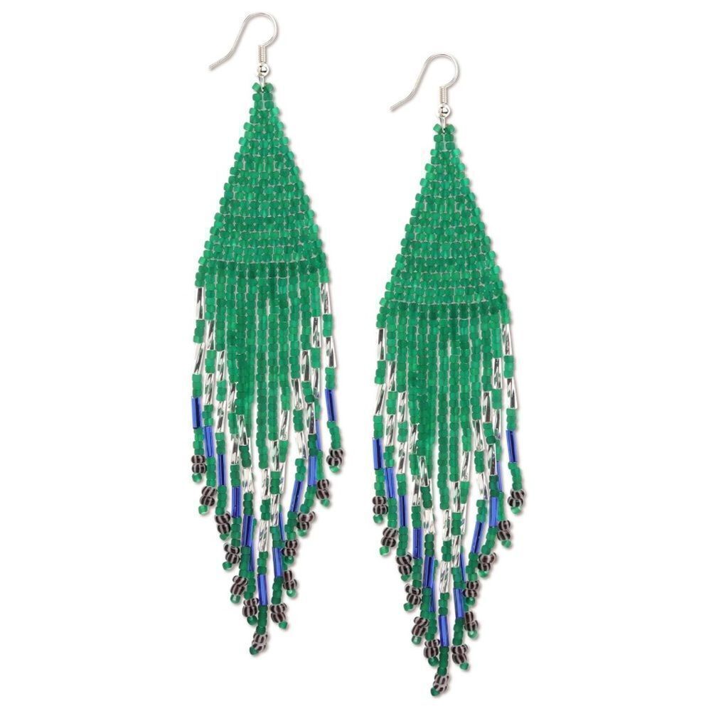 Green Bohemian Seed Bead Tassel Dangling Statement French Wire Hook Earrings